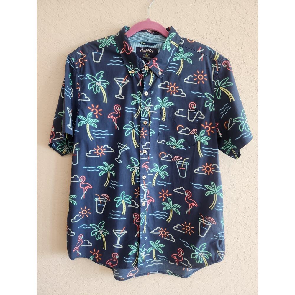 Chubbies Men’s Hawaiian Shirt Large Neon Palm Trees Flamingo Cocktail Print...